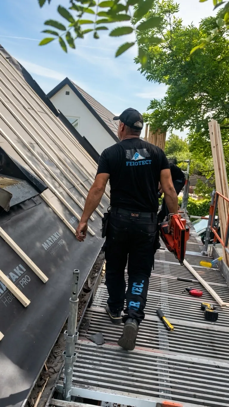 Montör med spikpistol på väg över ställningen längs ett tak med underlagsduk och läkt